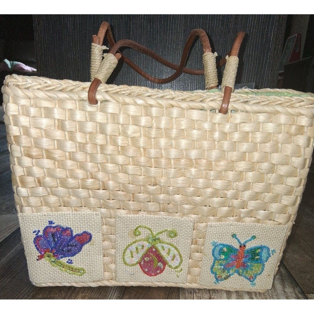 NEW! Quacker Factory Woven Straw Handbag Beaded Seaquin Butterfly Dragonfly